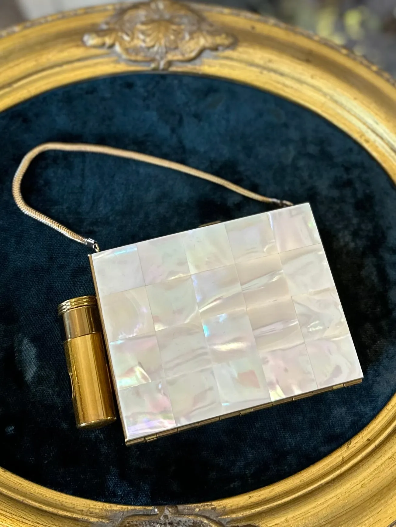 Vintage 1950s Midcentury Minaudiere Mother of Pearl Gold Tone Double Sided Compact Lipstick, Mirror, Powder, & Cigarette Purse Wristlet