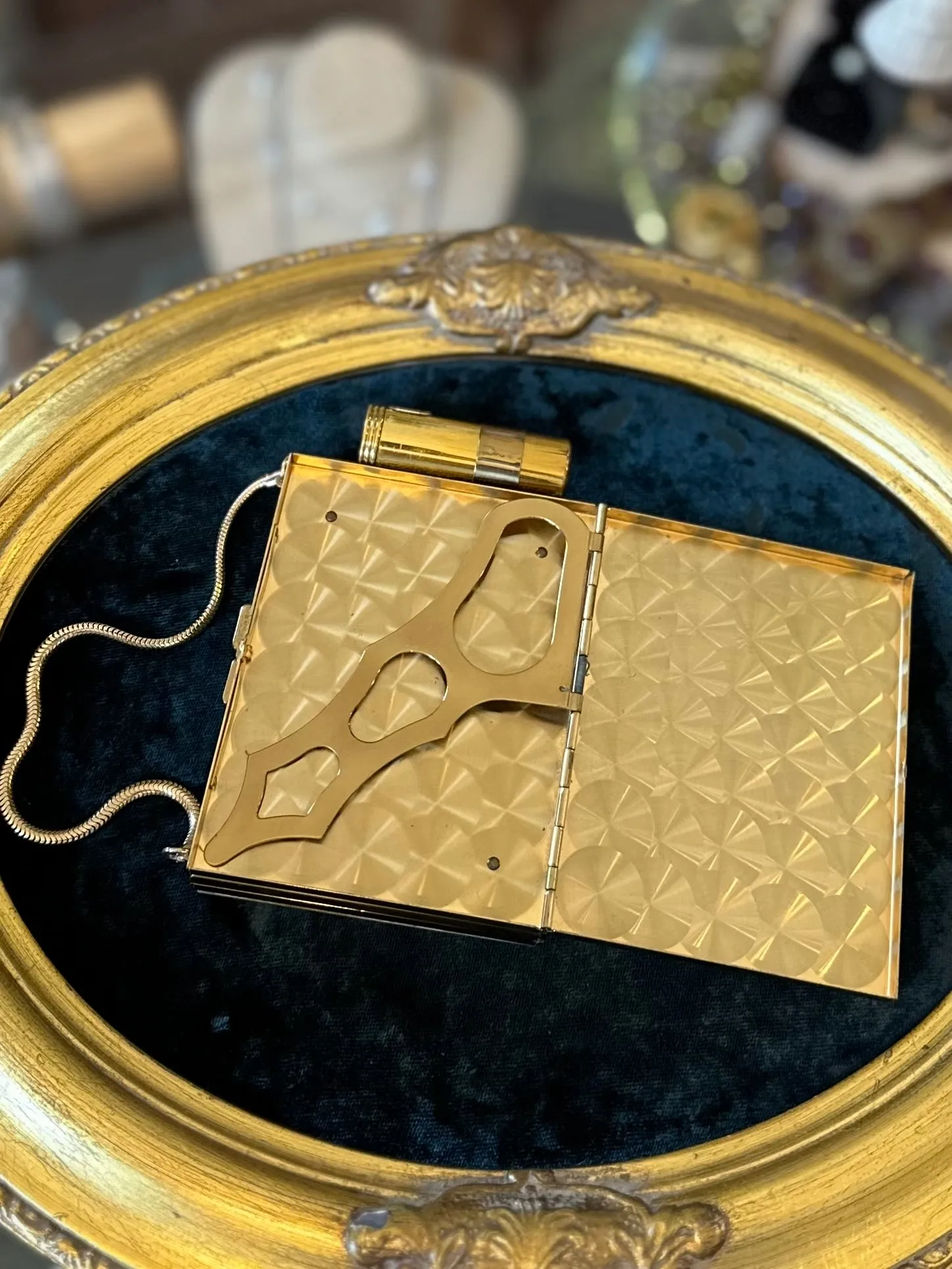 Vintage 1950s Midcentury Minaudiere Mother of Pearl Gold Tone Double Sided Compact Lipstick, Mirror, Powder, & Cigarette Purse Wristlet