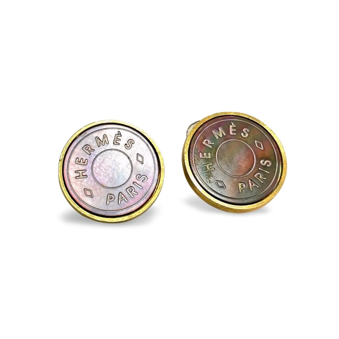 Vintage HERMES golden logo embossed genuine shell earrings. Classic jewelry piece. Bijouterie Fantaisie. Shines like aurora. 060226yob