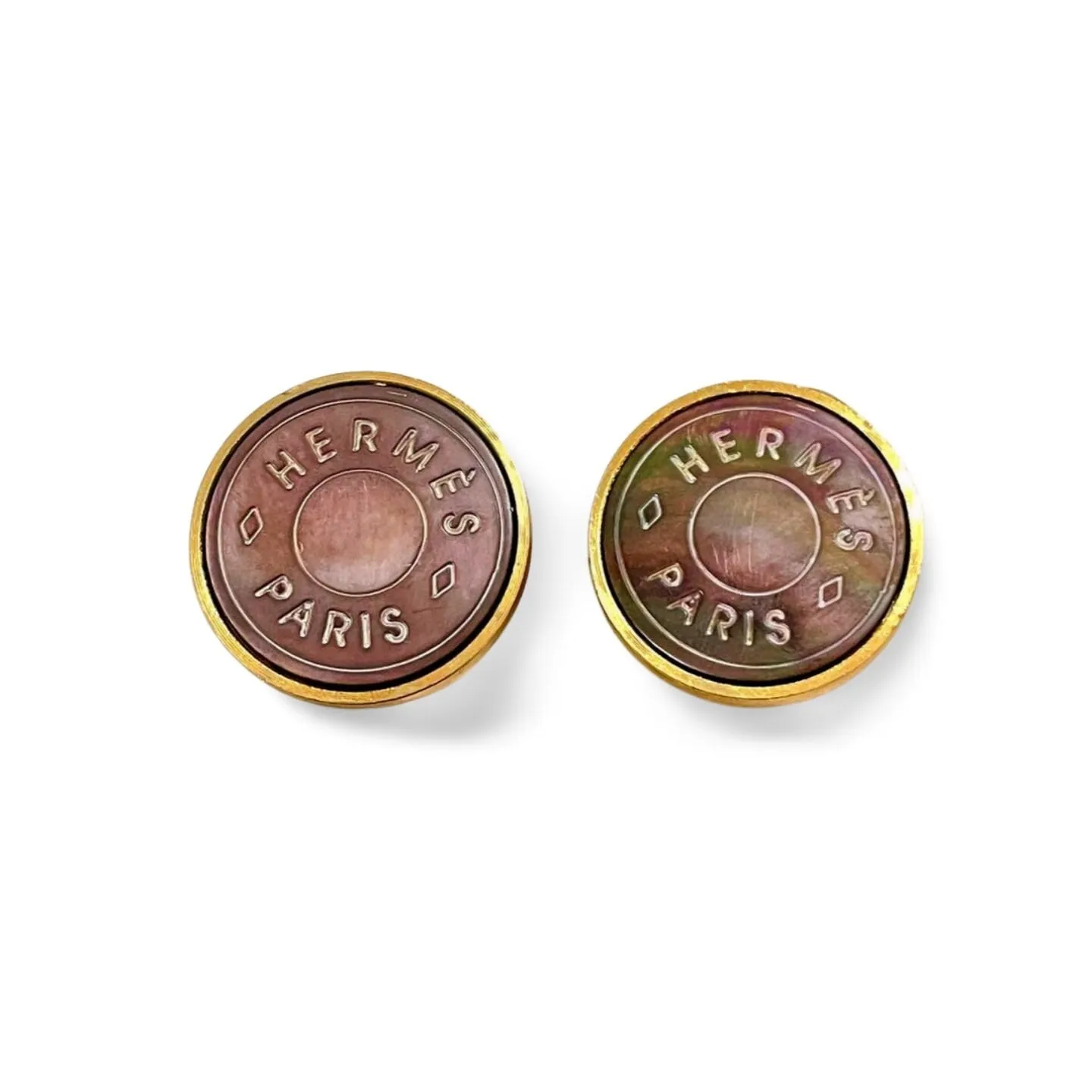 Vintage HERMES golden logo embossed genuine shell earrings. Classic jewelry piece. Bijouterie Fantaisie. Shines like aurora. 060226yob