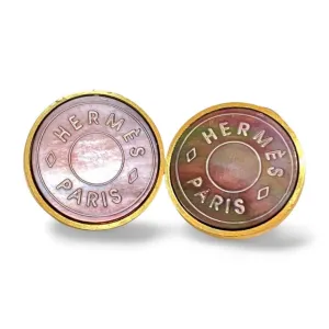 Vintage HERMES golden logo embossed genuine shell earrings. Classic jewelry piece. Bijouterie Fantaisie. Shines like aurora. 060226yob