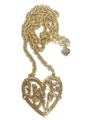 Vintage Moschino golden chain necklace with large arabesque heart design pendant top. Moschino BIJOUX jewelry.