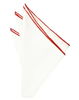 White Silk with Red Hand Rolled Trim Pocket Square