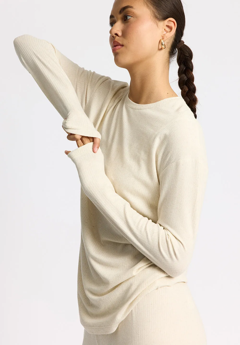 Wide Rib Long Tee MERCI - soft beige melange
