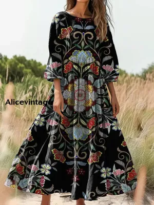 Women's Retro Ethnic Totem Floral Art Pattern Print Linen Dress