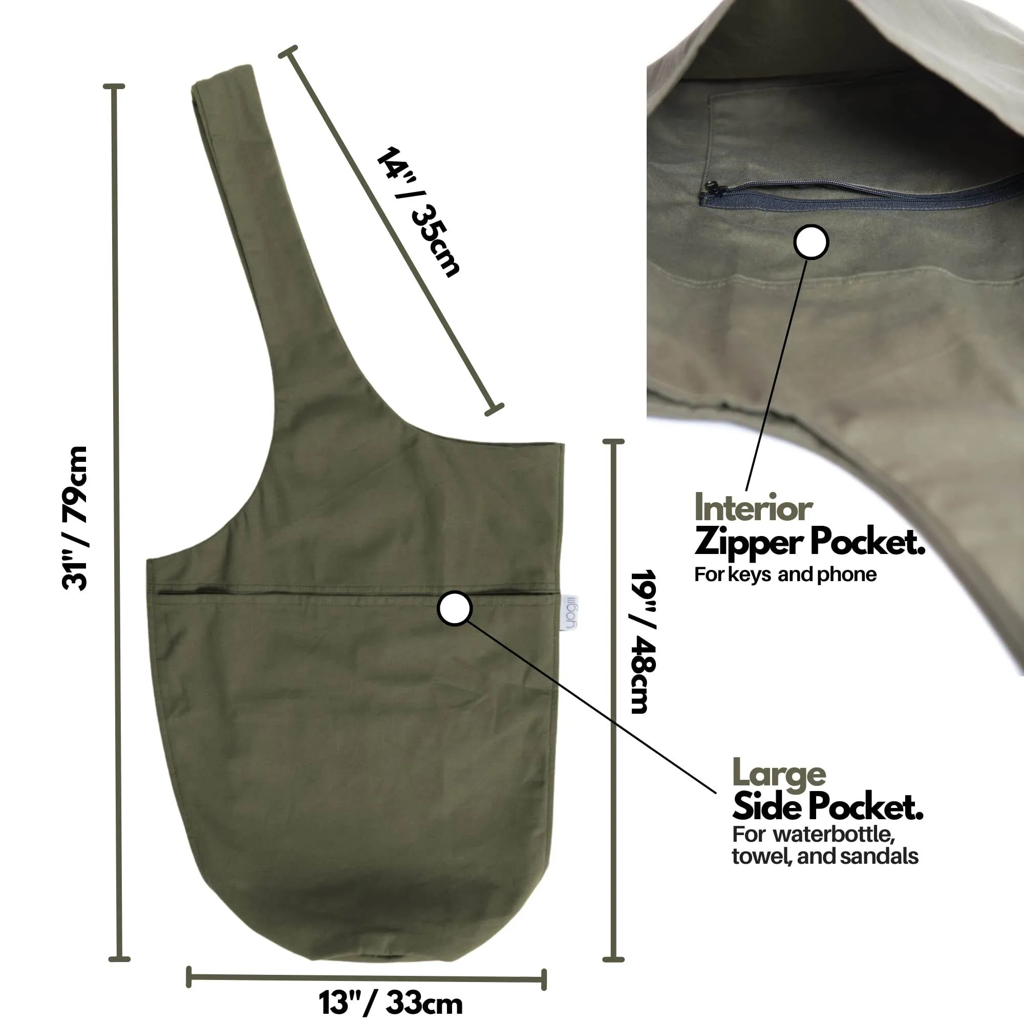 Yogiii Yoga Mat Bag | The ORIGINAL YogiiiTote Yoga Bag | Sling Yoga Tote w/Large Side Pocket & Zipper Pocket | Yoga Mat Carrier Fits Most Size Mats (Olivine Green)