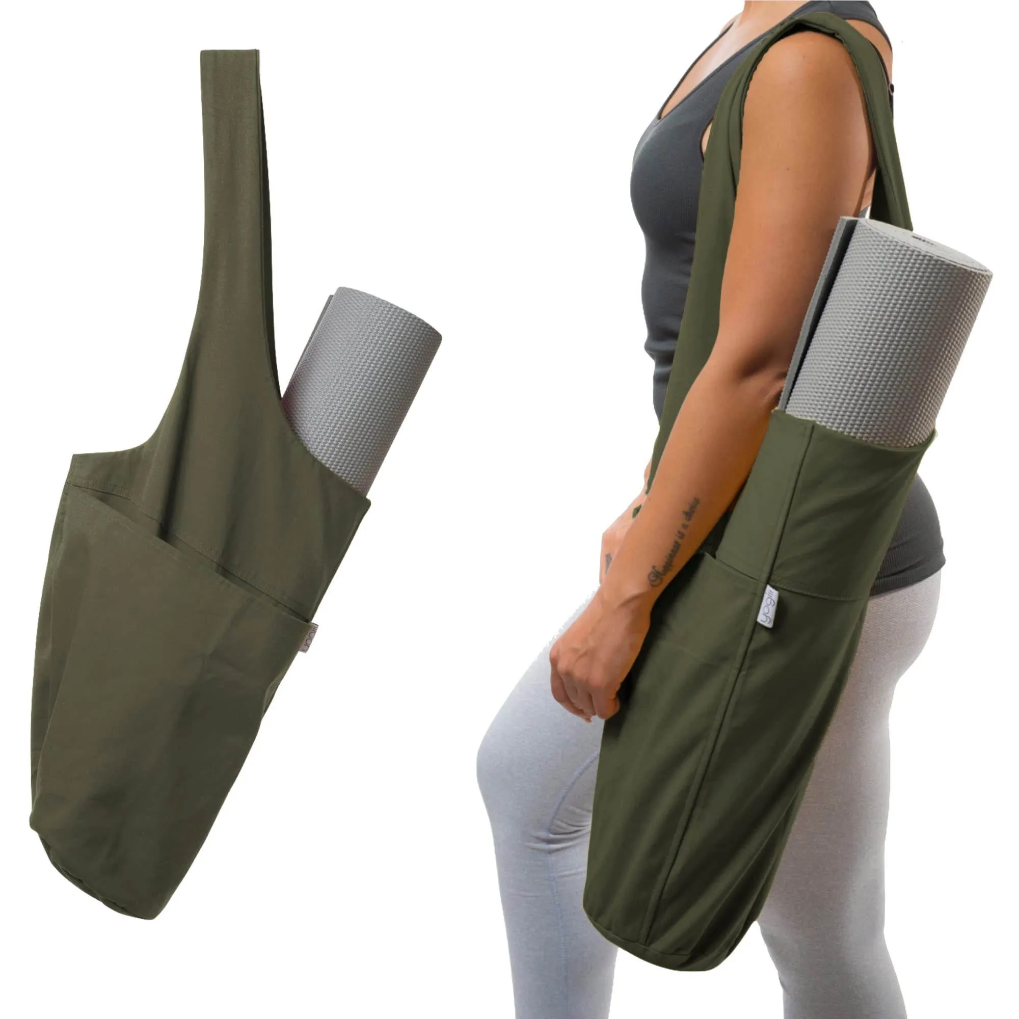 Yogiii Yoga Mat Bag | The ORIGINAL YogiiiTote Yoga Bag | Sling Yoga Tote w/Large Side Pocket & Zipper Pocket | Yoga Mat Carrier Fits Most Size Mats (Olivine Green)