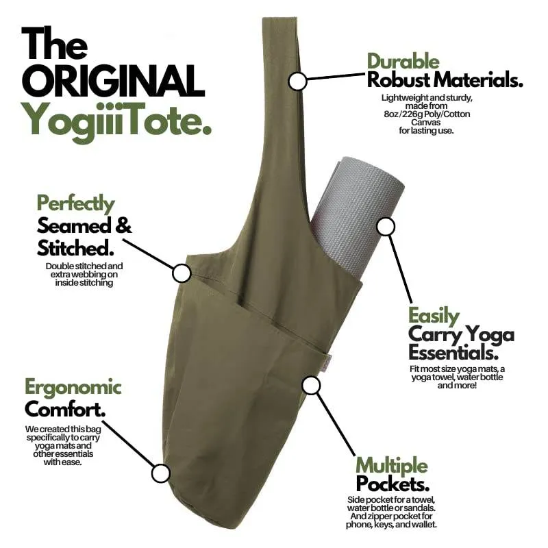Yogiii Yoga Mat Bag | The ORIGINAL YogiiiTote Yoga Bag | Sling Yoga Tote w/Large Side Pocket & Zipper Pocket | Yoga Mat Carrier Fits Most Size Mats (Olivine Green)