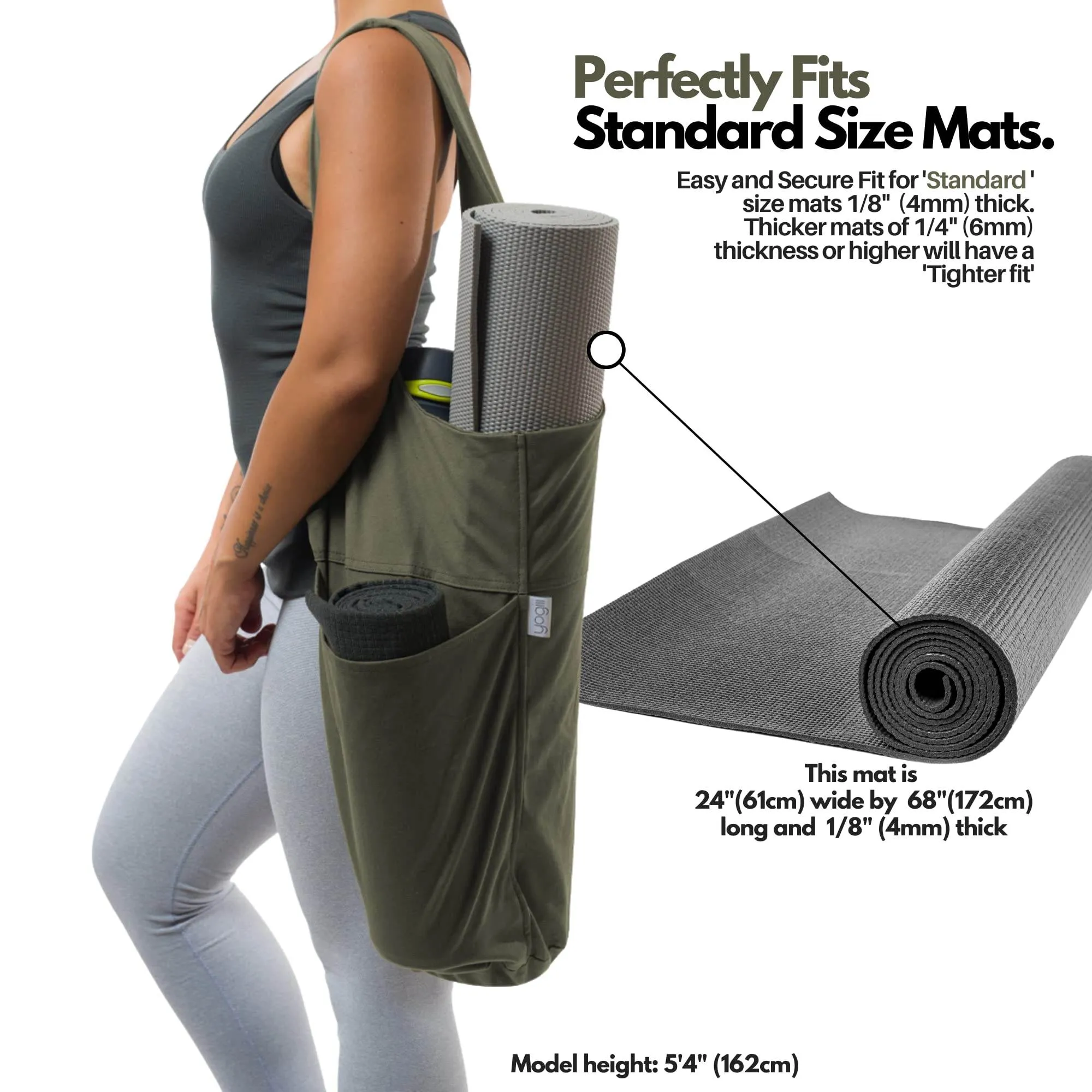 Yogiii Yoga Mat Bag | The ORIGINAL YogiiiTote Yoga Bag | Sling Yoga Tote w/Large Side Pocket & Zipper Pocket | Yoga Mat Carrier Fits Most Size Mats (Olivine Green)