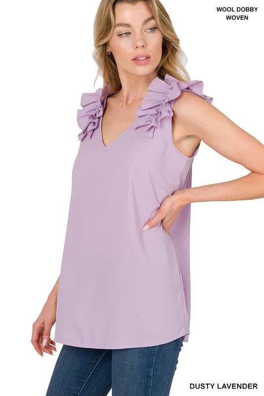 ZENANA Woven Wool Dobby Ruffle Trim Sleeveless Top