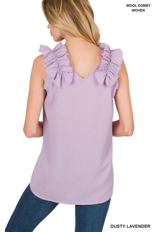 ZENANA Woven Wool Dobby Ruffle Trim Sleeveless Top